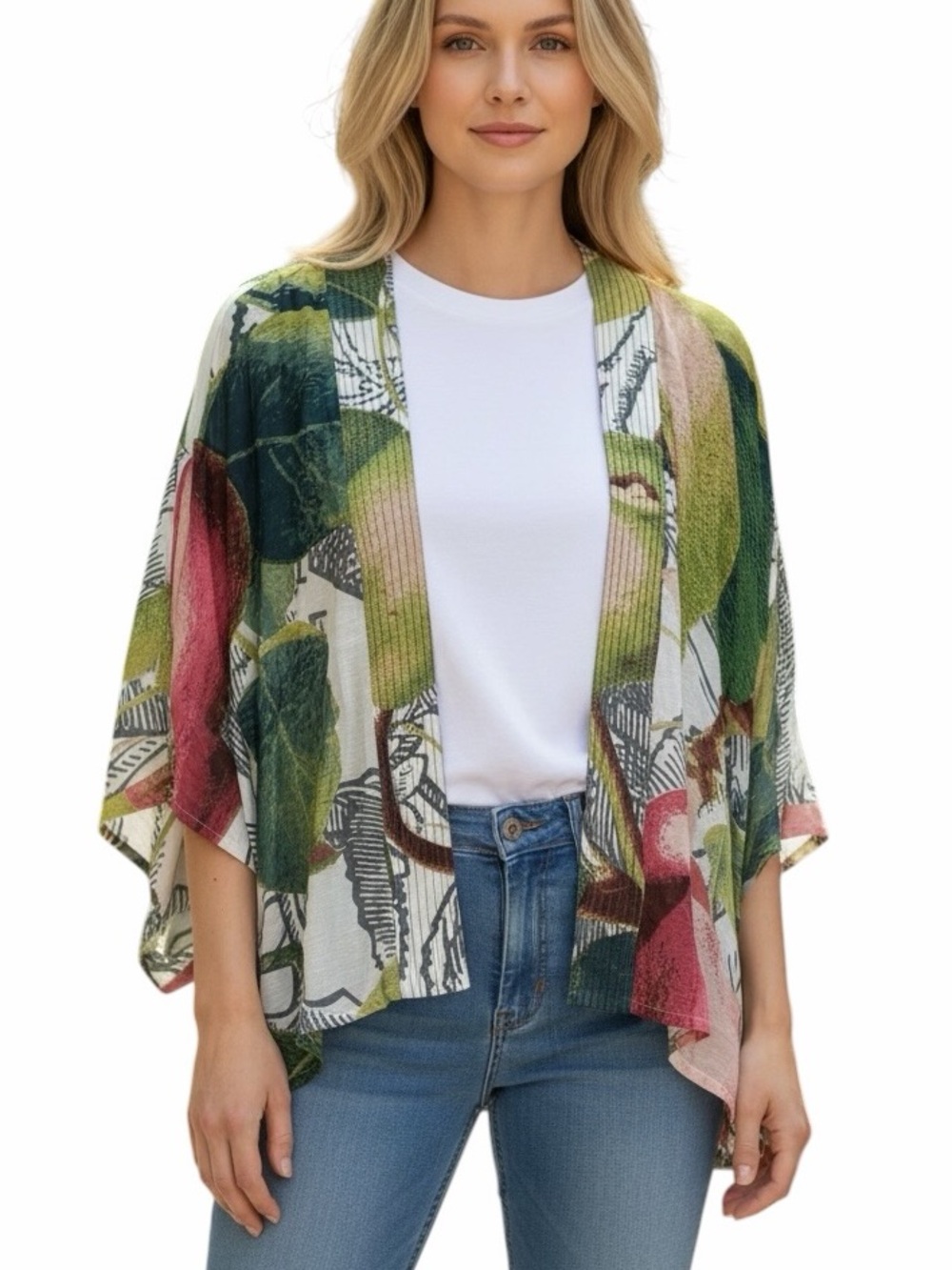 One Hundred Stars Openfront Floral Print Kimono Shrug in Green & Pink